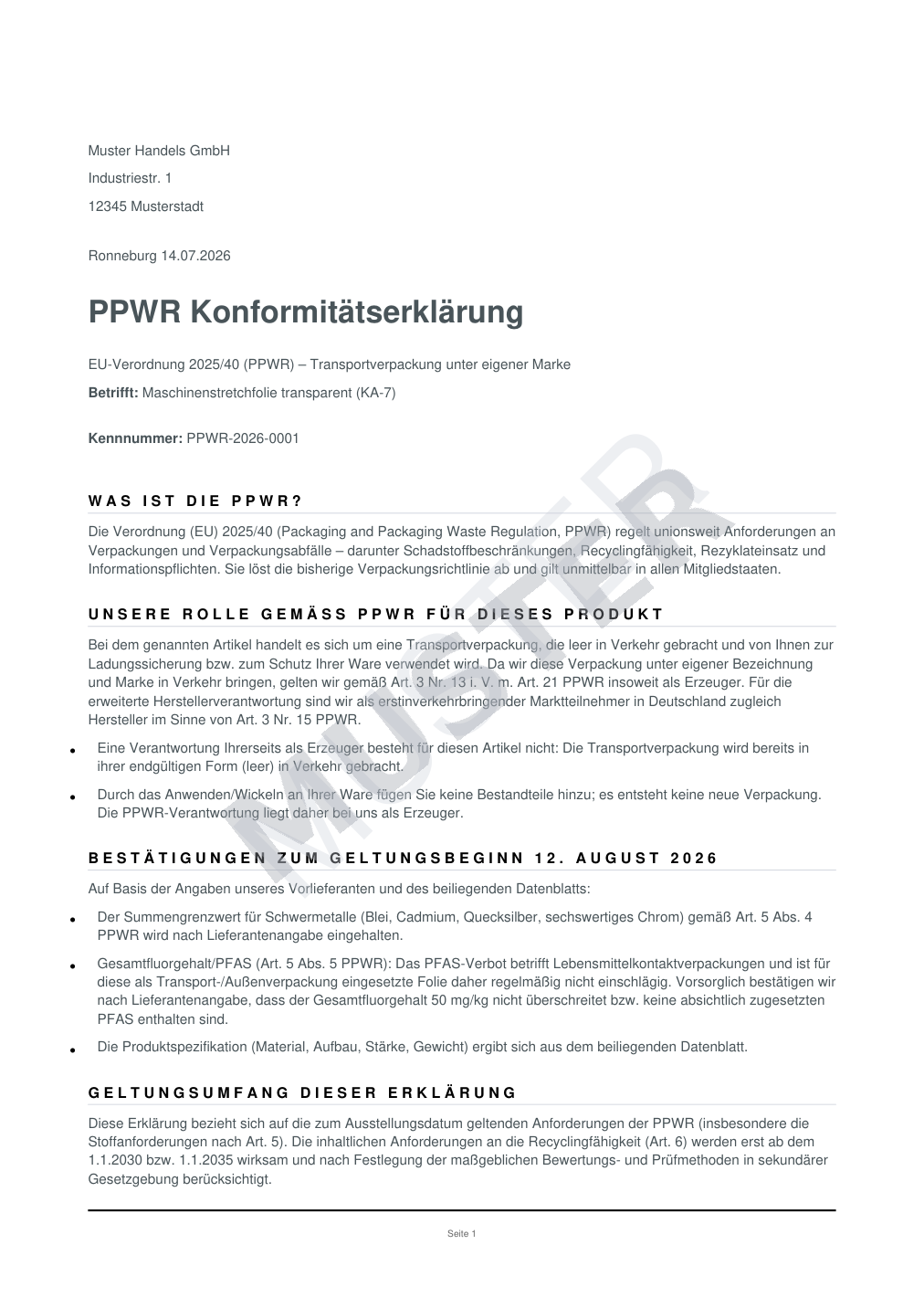 Muster einer PPWR-Konformitätserklärung nach EU-Verordnung 2025/40 mit Pflichtangaben zu Schwermetallen und PFAS